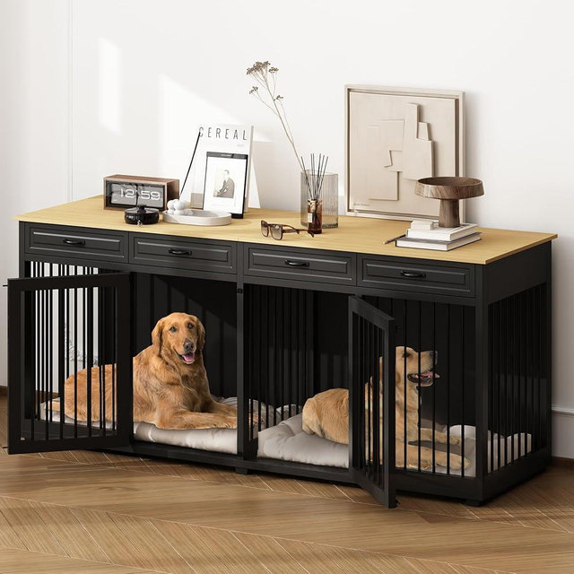 PIAOMTIEE 86.6" Large Double Dog Crate Furniture, XXL Wooden Dog Crate Kennel Furniture with Divider and 4 Drawers, Dog Crates Furniture for 2 Large Dogs Indoor, Black