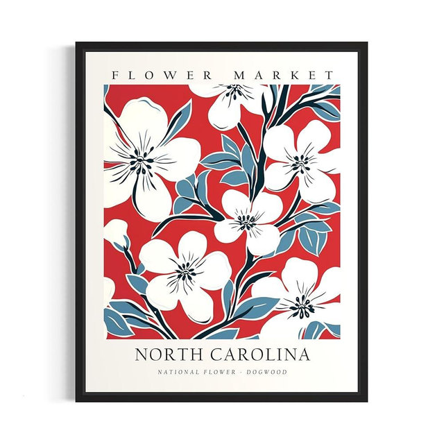 North Carolina Flower Market 1 Poster Art Print Botanical Wall Art Poster Decor, Pastel Floral State Decor for Bedroom Bathroom Living Room. (North Carolina Flower Market 1, 16x20 inches + (Black Frame))