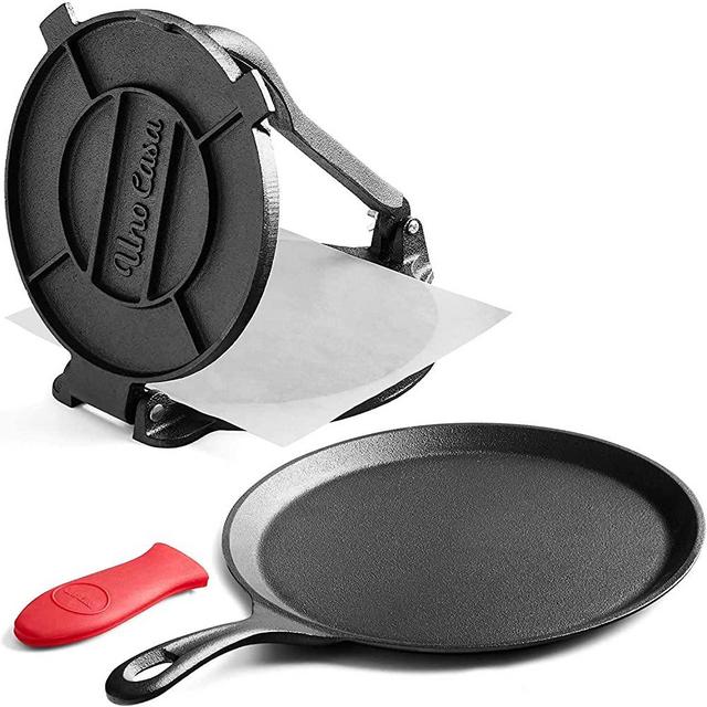 Uno Casa Cast Iron Tortilla Press 8 Inch with Cast Iron Comal Pan - Bundle of Tortilla Pan for Roti, Tawa, Dosa and Pre-Seasoned Tortilla Press Pataconera