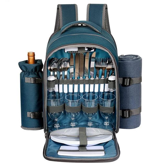 Hap Tim Picnic Basket Backpack for 4 Person with Blanket, Wine Holder, Cooler Compartment, Cutlery Set, Couples Gifts, Mr & Mrs Gifts, Bridal Shower Gifts, Registry Wedding Registry, Blue (3065-BL)