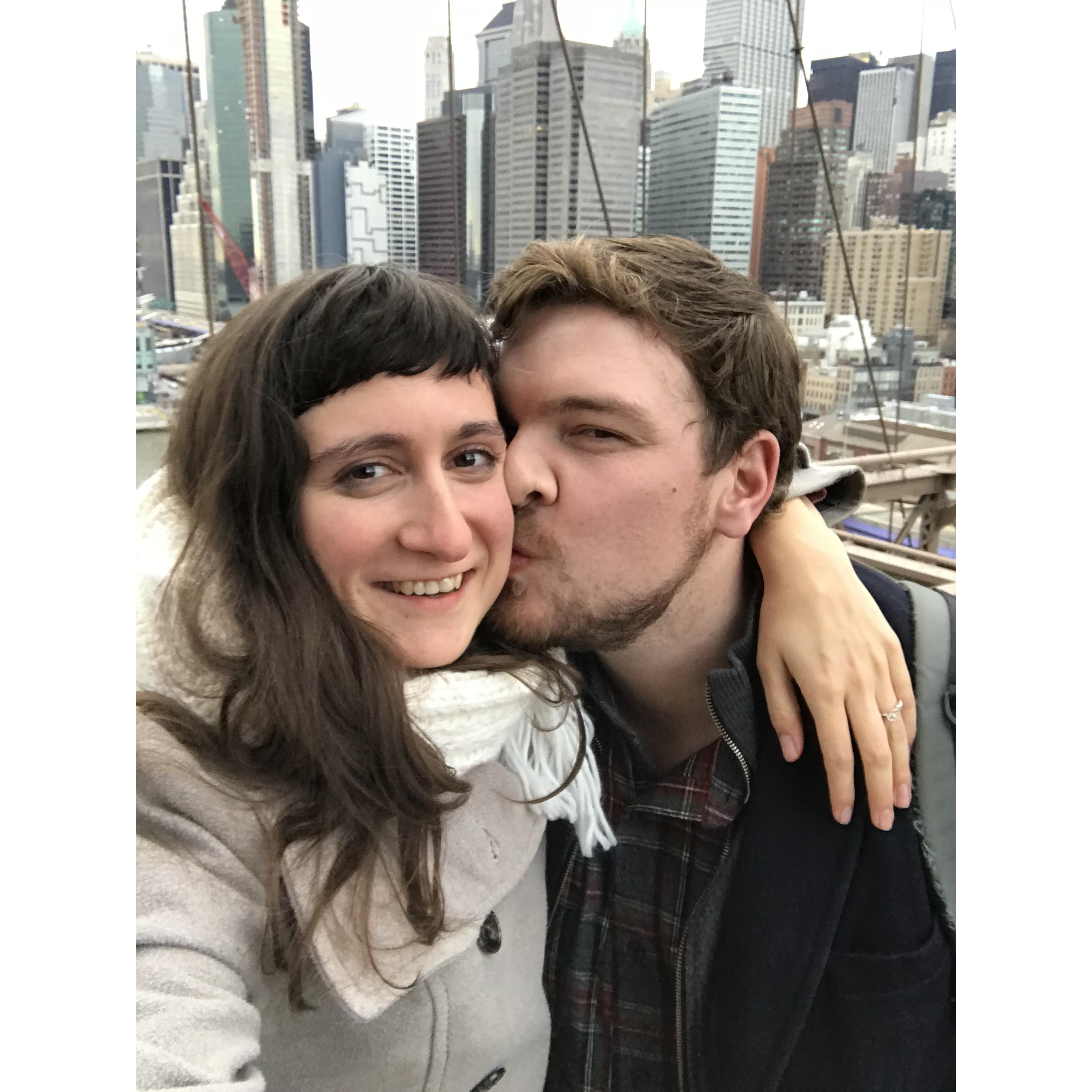 On the Brooklyn Bridge, the day we got engaged!