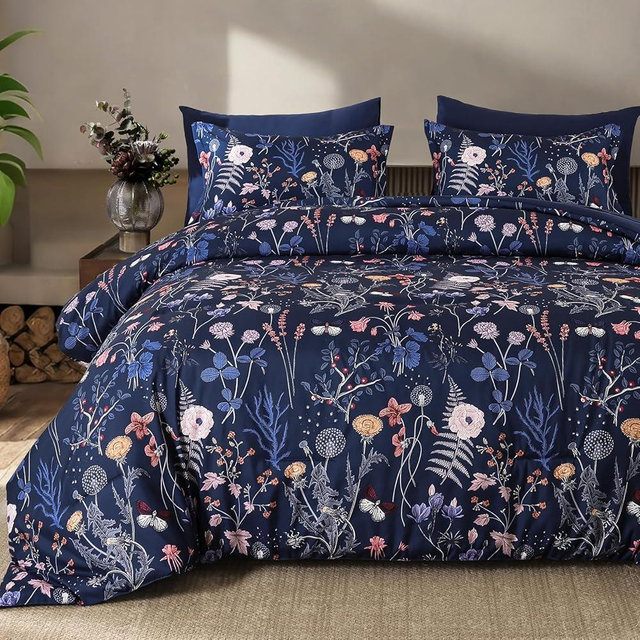 Yiran Blue Floral Comforter Set Queen Size, 7 Piece Colorful Comforter Bedding Set, Navy Farmhouse Bed in a Bag, Soft Microfiber Complete Bedding Set with Sheets for All Season