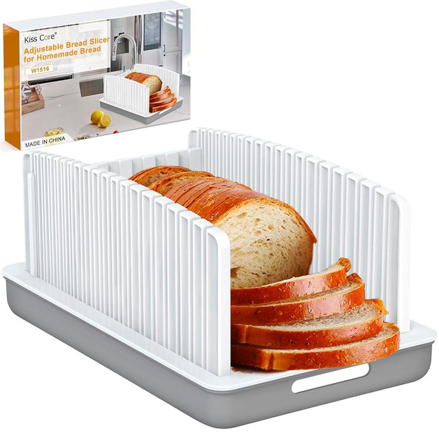 Kiss Core Upgrade Bread Slicer for Homemade Bread, Bread Slicer Guide Adjustable Width and Thickness, Foldable and Compact Cutting Guide with Crumb Tray, Suitability for Homemade Bread, Bagels, Cakes