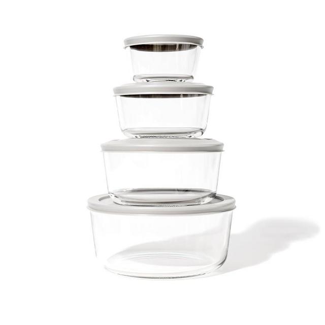 DURA LIVING Glass Food Storage Containers - 8 Piece (4 Containers + 4 Lids) Round Nesting Space-Saving Set - Ideal for Pantry Organization Microwave & Dishwasher Safe, BPA-Free Lids, Grey