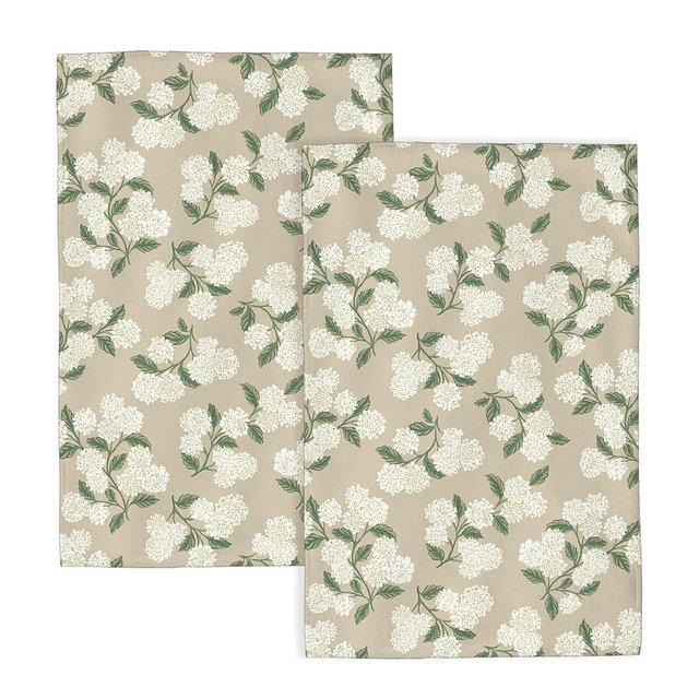 DAFENA Beige Floral Kitchen Towels 16x24 Inch Green Hydrangea Decor Dish Towels Vintage Flower Spring Summer Seasonal Decoration Hand Towels Absorbent Dish Cloths for Home Kitchen Dining Set of 2