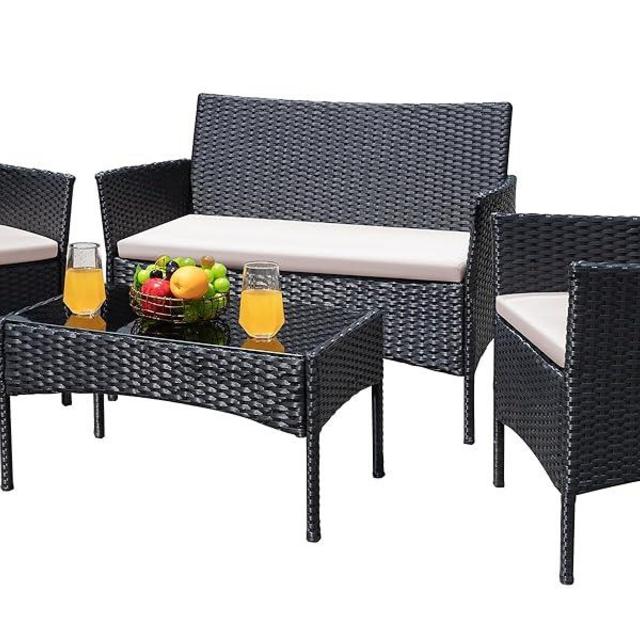 Greesum Patio Furniture 4 Pieces Conversation Sets Outdoor Wicker Rattan Chairs Garden Backyard Balcony Porch Poolside loveseat with Cushion and Glass Table, Black and Beige