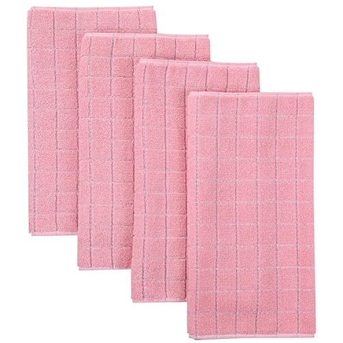 Homaxy 100% Cotton Terry Kitchen Towels(Pink, 13 x 28 inches), Checkered Designed, Soft and Super Absorbent Dish Towel, 4 Pack