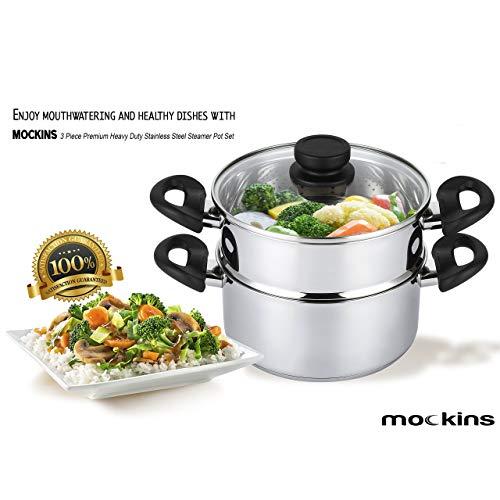 mockins 3 Piece Premium Heavy Duty Stainless Steel Steamer Pot Set Includes 3 Quart Cooking Pot, 2 Quart Steamer Insert and Vented Glass Lid | Stack and Steam Pot Set for All Cooking Surfaces