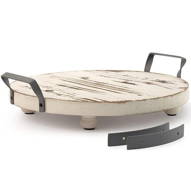 BOWERISH Vintage Round Trays Home Decor - Wooden Cake Stand Rustic - Farmhouse Pedestal Stand - 12 Inches Distressed White Riser, Interchangeable Iron Handles for Plates