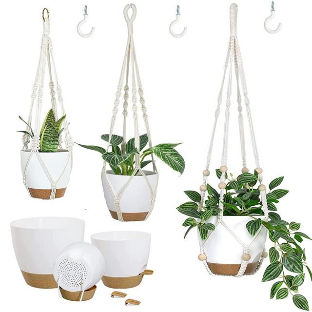Bouqlife Macrame Plant Hangers with Self Watering Pots 3 Pack Hanging Planters for Indoor Plants
