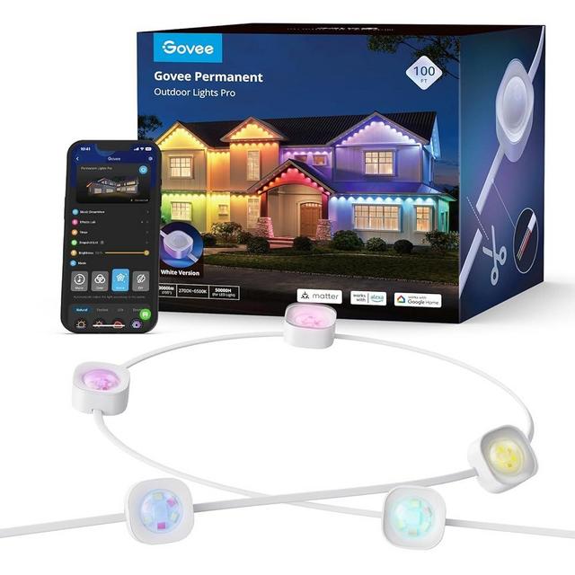 Govee Permanent Outdoor Lights Pro, 100ft with 60 RGBIC Warm Cold White LED Lights, 75 Scene Modes for Halloween, Christmas, IP67 Waterproof, Work with Alexa, Google Assistant, Matter, White Version