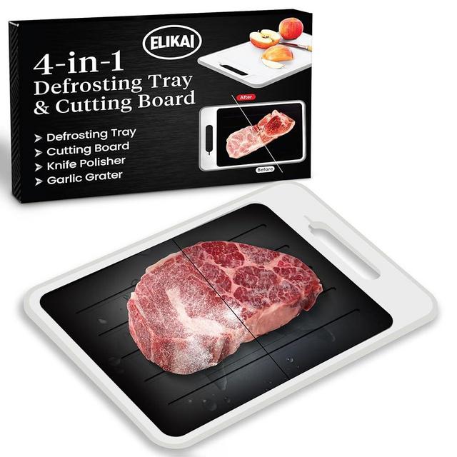 4-in-1 Defrosting Tray for Frozen Meat with Cutting Board, Knife Sharpener & Garlic Grater - Self Thawing Tray & Non-Slip White Chopping Boards by EliKai