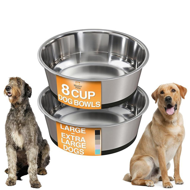 Neater Pet Brands Stainless Steel Dog Bowls with Non-Slip Rubber Bottom – Set of 2, 8 Cup (64 oz), Black - Heavy Duty Metal Dog Bowl, Dishwasher Safe, Food or Water Bowl, Ideal for Large Dogs