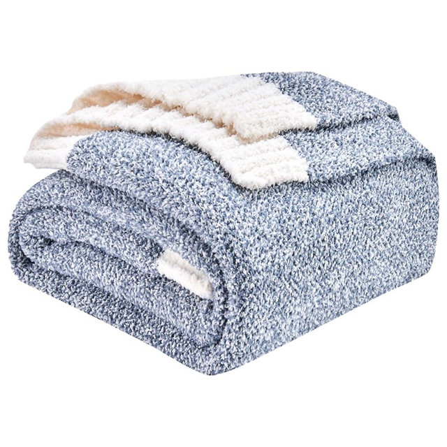 CozeCube Super Soft Fullfy Microfiber Reversible Knitted Blankets, Warm Cozy Fuzzy Plush Throw, Dusty Blue and White Melange Throw Blanket for Couch Bed Sofa, 50" x 60"