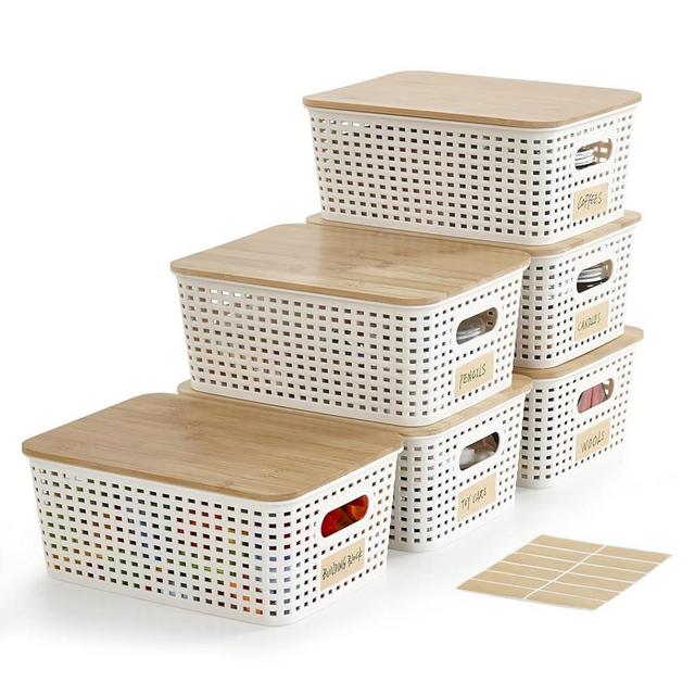 Bagnizer Plastic Storage Bins with Bamboo Lids Stackable Box Basket Pantry Decorative Containers Cute with Lable for Organizing Desktop Closet Office Cream White of 6 packs 10 * 7.2 * 4.1'’