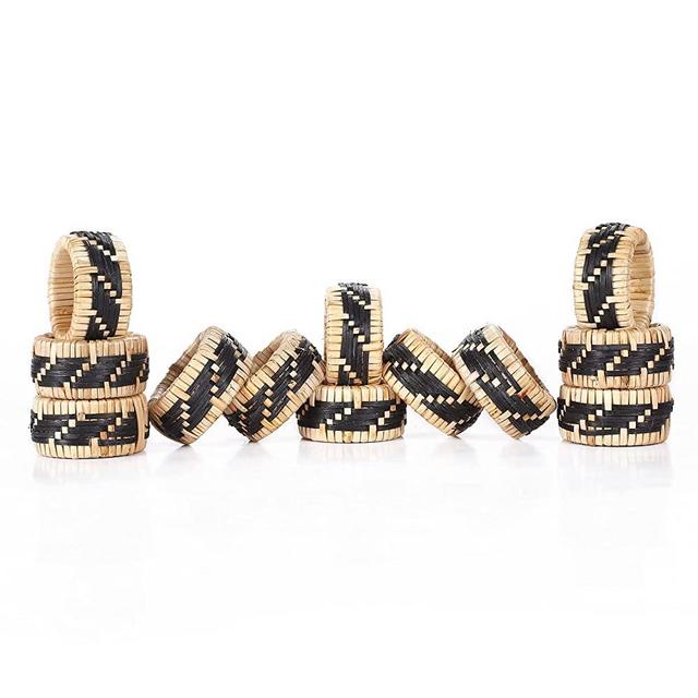 Rattan Napkin Rings, Woven Serviette Ring for Wedding Party Baby Shower Dinning Table Occasion Everyday Family Gatherings Set of 12 - A Beautiful Emphasize to Your Dining Table Decor - Black/Natural
