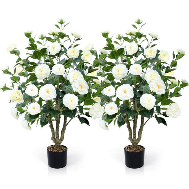 Artificial Camellia Tree 2 Pack 42" Faux Camellia Plant in Pot with 32 Blooming Flowers Fake Flower Tree Greenery Potted Plant for Indoor Outdoor Office Home Porch Decor White