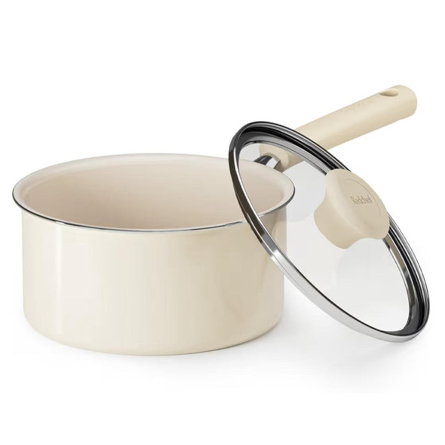 Redchef Ceramic Nonstick Saucepan with Lid, 2.5QT Small Cooking Pot, Non Toxic Sauce Pans for Kitchen, Cool Handle PFAS Free Compatible with All Cooktops, White