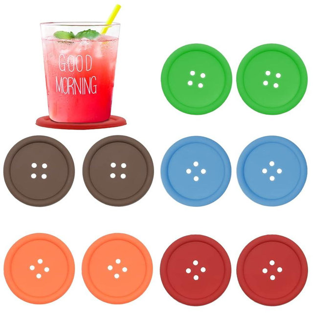 Creativee 10Pcs Silicone Drink Coaster,Colorful Round Button Shaped Cup Cushion Holder,Coffee Drink Mat,Heat Insulation Pad with Deep Grooved and Non-Slip Placemat