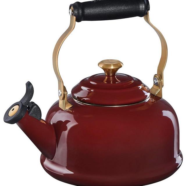 Le Creuset Enamel On Steel Whistling Tea Kettle with Gold Knob and Brackets, 1.7 qt., Rhone
