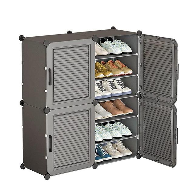 MAGINELS Portable Shoe Rack, 24 Pair DIY Shoe Storage Shelf Organizer, Plastic Shoe Organizer for Entryway, Shoe Cabinet with Doors, Grey
