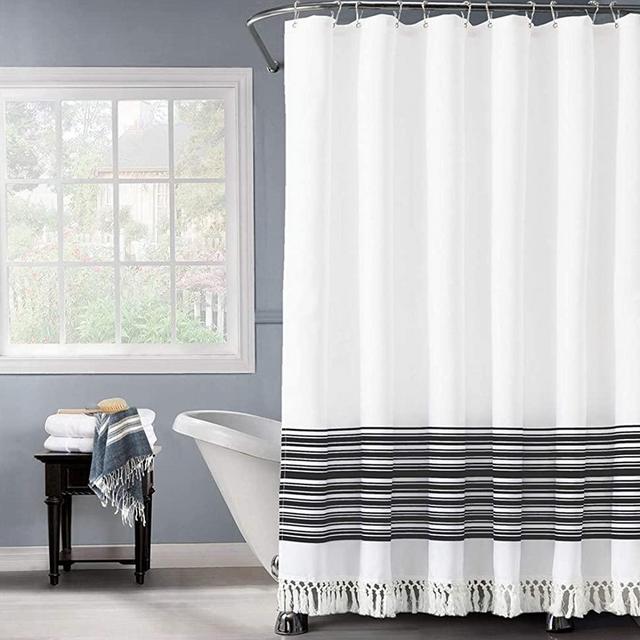Felisa Black and White Stripe Shower Curtain with Double Knot Fringe,Farmhouse Boho Fabric Shower Curtain for Bathroom,Machine Washable,72"x72"