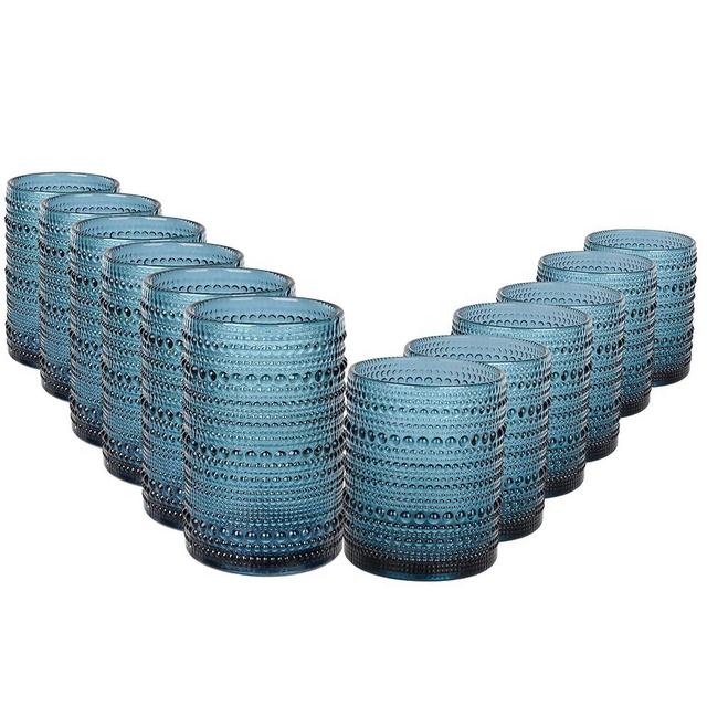 ZMOWIPDL Vintage Glassware Drinking Glasses Set of 12,Blue 12oz & 15oz Hobnail Glass Cups,Embossed Water Tumbler,for Beer,Cocktail,Whiskey,Juice and Various Mixed Drinks- 1 Cleaning Brush