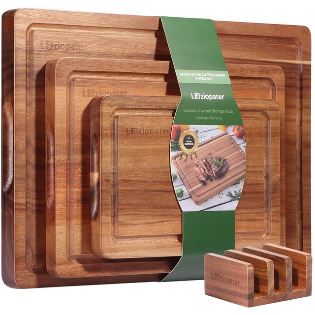 Acacia Wood Cutting Board Set of 3, Solid Wood Cutting Board with Holder, Deep Juice Grooves & Built-in Handles, Durable Wooden Chopping Board Set for Meat, Vegetables, Cheese, Kitchen Prep