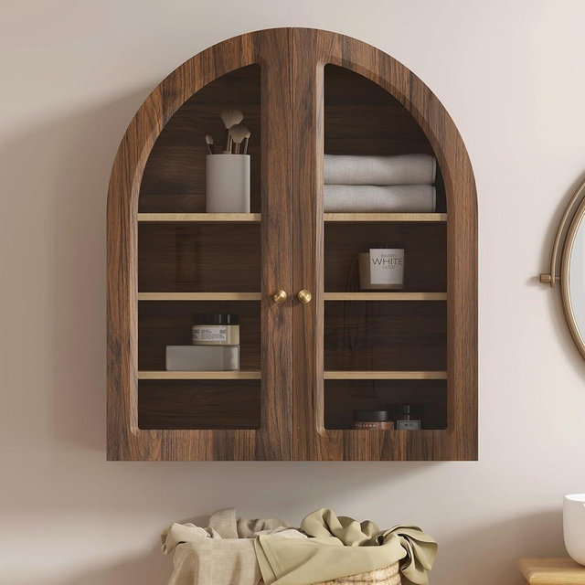 EYYTHUNG Brown Arched Wall Cabinet, Large Wood Bathroom Medicine Cabinet Wall Mounted Cupboard, Modern Floating Storage Cabinet with Acrylic Door Adjustable Shelf, Wood Organizer (Brown-Oak)