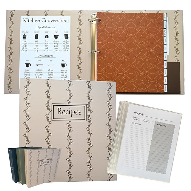 Recipe Binder with Plastic Sleeves, Custom Dividers, Labels. Water-Resistant Blank Recipe Binder 8.5x11 3 Ring Full Page Cookbook Organizer (Harvest Oat)