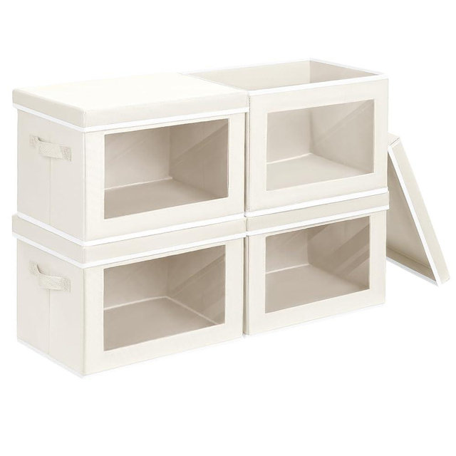 Homsorout Closet Storage Bins with Lids - Large Storage Bins for Clothes, Decorative Storage Boxes for Organizing, Collapsible Storage Cubes Organizer for Home, Office, 4 Packs, Beige
