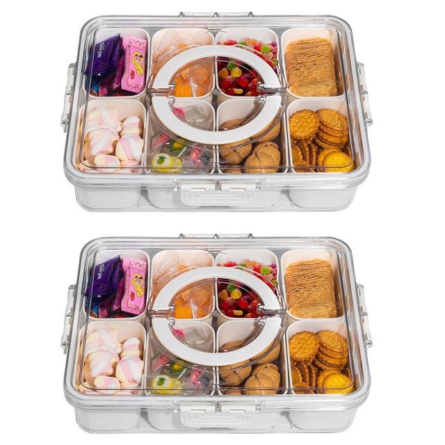 Divided Snack Serving Tray with Lid and Handle Travel Snackle Charcuterie Container Portable Storage Organizer for Candy, Fruits, Nuts, Snacks, Party, Picnic，2Pcs