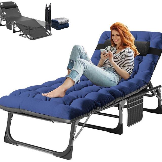 ABORON Heavy Duty Patio Chaise Lounge, 500LB Bearing 3IN1 Adjustable Lounge Chair 1200D Oxford Adults Sleeping Camp Chair, with Mattress (Chaise Lounge, Black Bed & Blue pad)