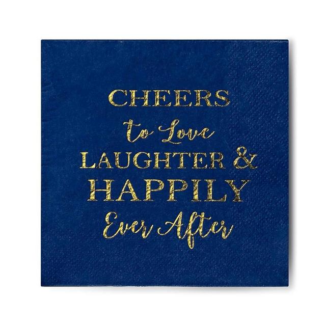 Crisky Bridal Shower Napkins Disposable Cocktail Napkins 3-Ply Gold Foil Blue Paper Beverage Napkins for Engagement Party Decorations & Wedding Shower
