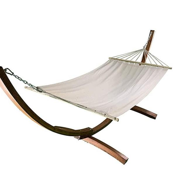 Petra Leisure, 12 Ft. Water Treated Wooden Arc Hammock Stand + Premium Quilted, Double Padded Hammock Bed. 1 Person Bed. 300 LB Capacity(Teak Stain/Beige)