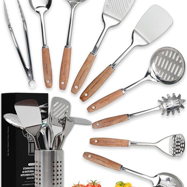 Stainless Steel Cooking Utensils, Stainless Steel Utensils Set, Stainless Steel Kitchen Utensils, Stainless Steel Cooking Utensils Set, Metal Cooking Utensils Set, Wood Cooking Utensils Set (Silver)