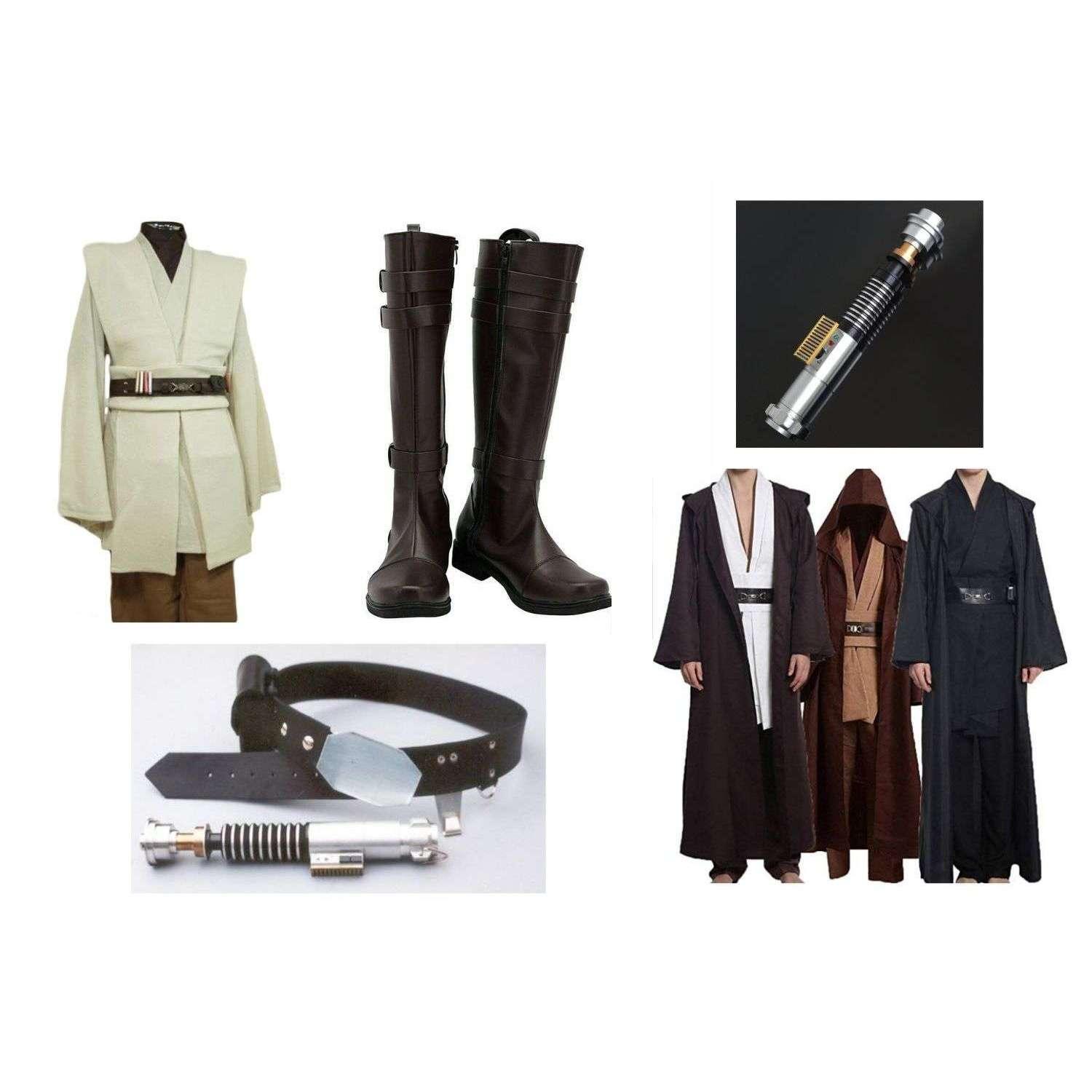 Examples of Jedi tunics, robes, boots, lightsaber, and belt