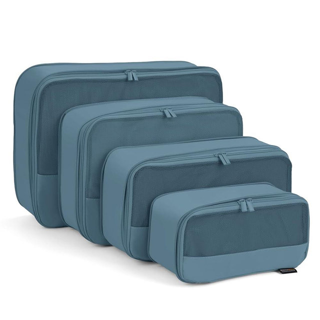 SOARSAIL 4 Set Compression Packing Cubes for Travel, Wrinkle-Resistant Memory Fabric Luggage Organizers, Lightweight Expandable Suitcase Cubes with Breathable Mesh (Gray Blue)
