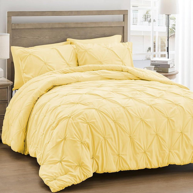 UNIKOME Queen Comforter Set Yellow - Soft Pintuck Down Alternative Bedding Set for All Seasons, 3 Pieces Pinch Pleat Solid Bed Set with Comforter, 2 Pillowcases