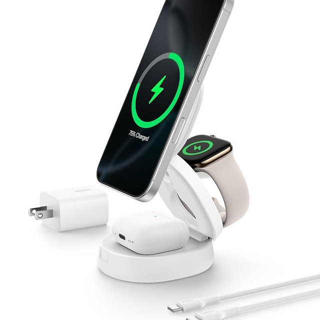 Belkin MagSafe Charger Compatible, 3-in-1 Qi2 15W Wireless Charging Station, Convertible Wireless Charger for iPhone 17, Apple Watch, AirPods, Pixel 10, Phone Stand for Travel w/ 36W Adapter - White