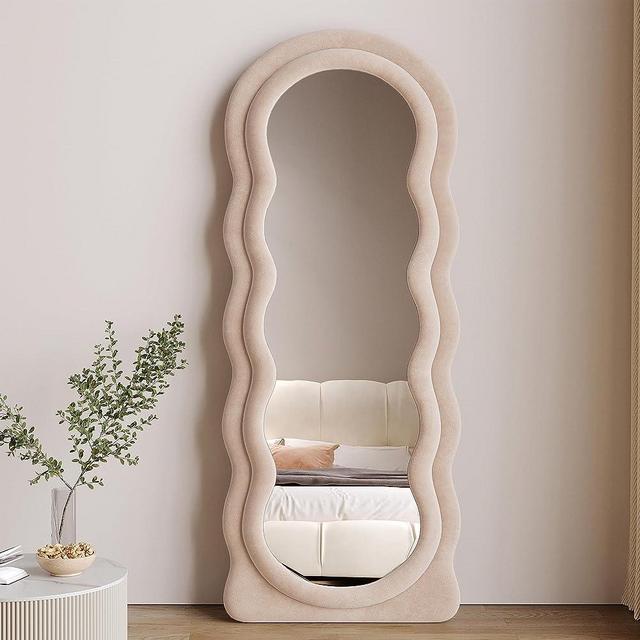 Honyee Full Length Mirror, 63" x 24" Floor Mirror, Flannel Wrapped Wooden Frame Wall Mirror, Irregular Wavy Mirror for Cloakroom/Bedroom/Living Room (Wave, Milk Tea)
