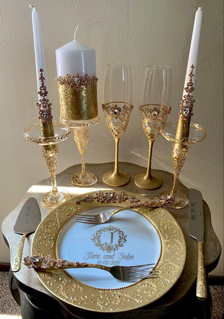 Hand-painted gold and crystal wedding server set designed and imported by Wedding3000A boutique in Ukraine
