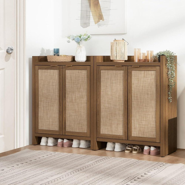 SICOTAS Shoe Cabinet Set of 2, Large Capacity Shoe Storage Organizer Cabinet, Tall Rattan Shoe Cabinet with Doors and Shelves, 6-Tier Farmhouse Boho Wood Storage Cabinet for Entryway Hallway Bedroom