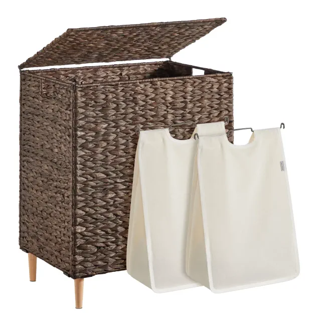 34.3 Gal. Laundry Hamper, 2-Section Handwoven Water Hyacinth Wicker Laundry Basket with Lid, Removable Liners, Espresso