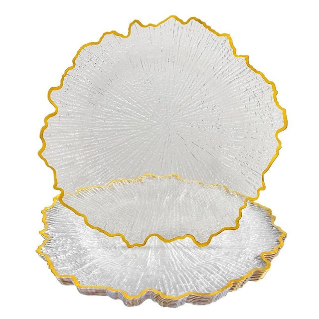 CN JIAHE 13inch Clear Acrylic Reef Gold Rim Charger Plates Set of 8 , for Dinner , Wedding , Party , Event Decoration.