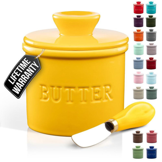 Zulay Kitchen Bell Shaped Butter Crock with Lid for Countertop with Water Line & Spreader Knife, Ceramic French Butter Dish Keeper For Fresh, Soft & Spreadable Butter - Yellow