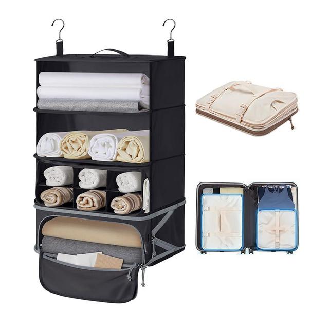 BAGSMART Hanging Packing Cubes for Travel, Hanging Shelves for Suitcases Organizers, Compression 4 Shelf Closet Organizers, Travel Shelves for Cruise Ship Essentials Black-Large