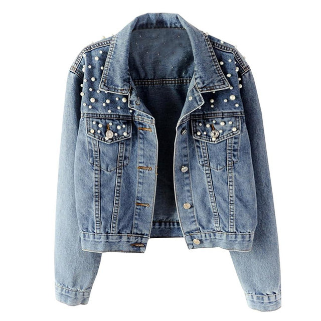 Hixiaohe Women Loose Embroidered Pearls Beading Cropped Denim Jacket Jean Coat