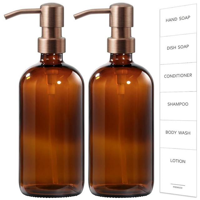 GMISUN Amber Glass Soap Dispenser, 2 Pack Bathroom Hand Soap Dispensers with Rose Gold Pump, 17 Fl Oz Kitchen Hand and Dish Soap Dispenser Set, Modern Vintage Liquid Brown Soap Dispensers Bottle