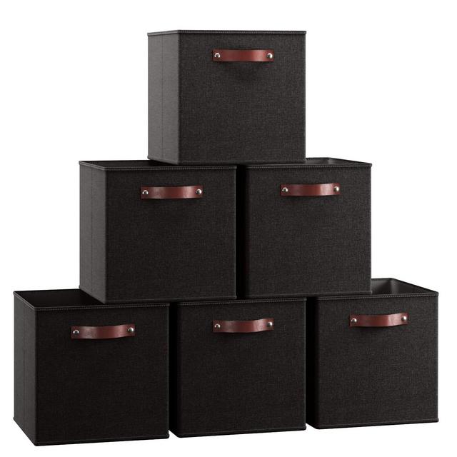 Ornavo Home 6 Pack Linen Fabric Storage Cube Bin with Faux Leather Handles - 11 Inch - Black